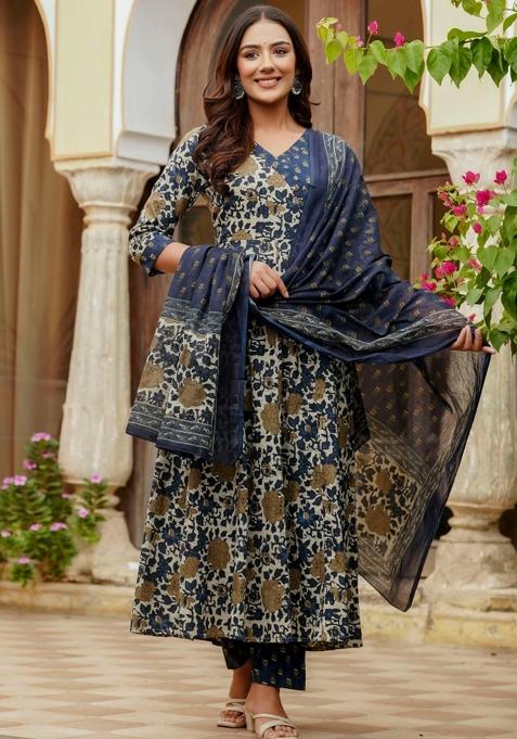 Blue Embroidery Cotton Kurta Set