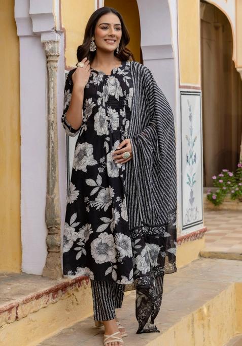 Black Embroidery Cotton Kurta Set