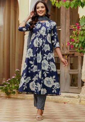 Blue Floral Print Cotton A Line Kurta Set