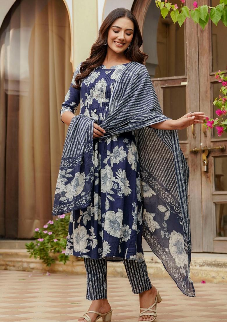 Blue Embroidery Cotton Kurta Set - Indya