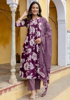 Purple Embroidery Cotton Kurta Set