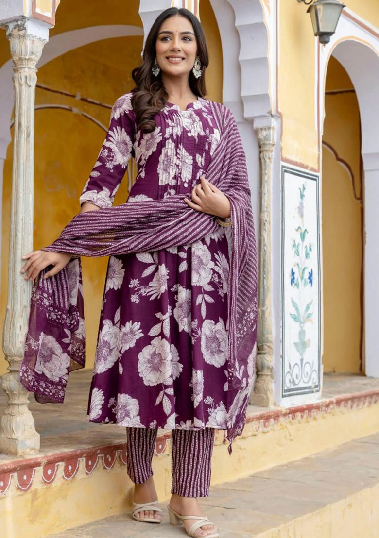 Purple Embroidery Cotton Kurta Set - Indya