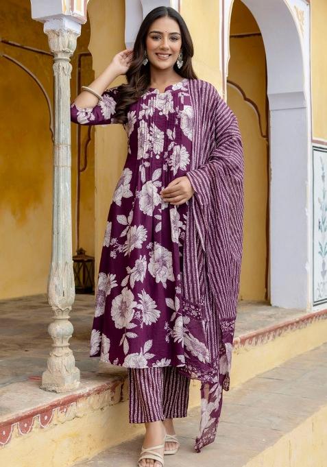 Purple Embroidery Cotton Kurta Set