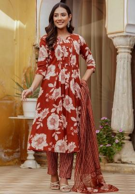 Rust Embroidery Cotton Kurta Set