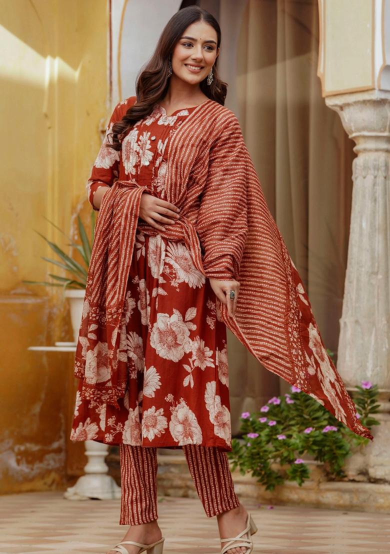 Rust Embroidery Cotton Kurta Set - Indya