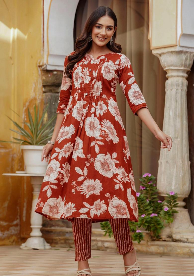 Rust Embroidery Cotton Kurta Set - Indya