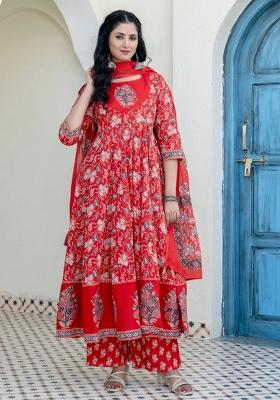 Red Embroidery Cotton Kurta Set
