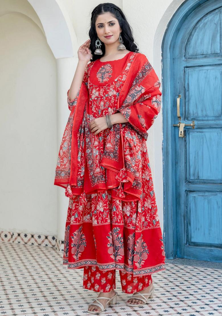 Red Embroidery Cotton Kurta Set - Indya