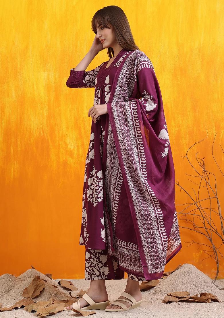 Purple Embroidery Rayon Kurta Set - Indya