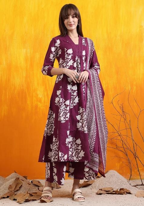Purple Embroidery Rayon Kurta Set