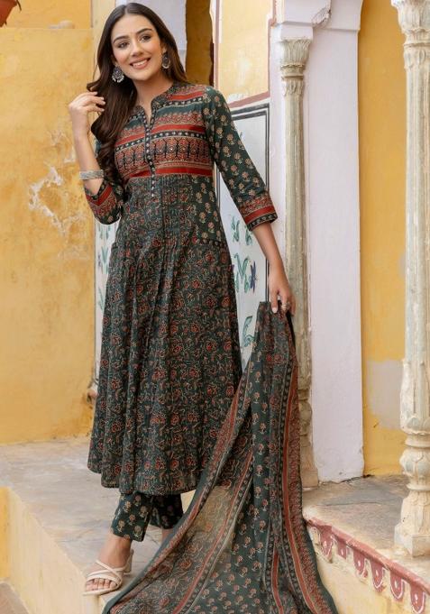 Bottle Green Embroidery Cotton Kurta Set