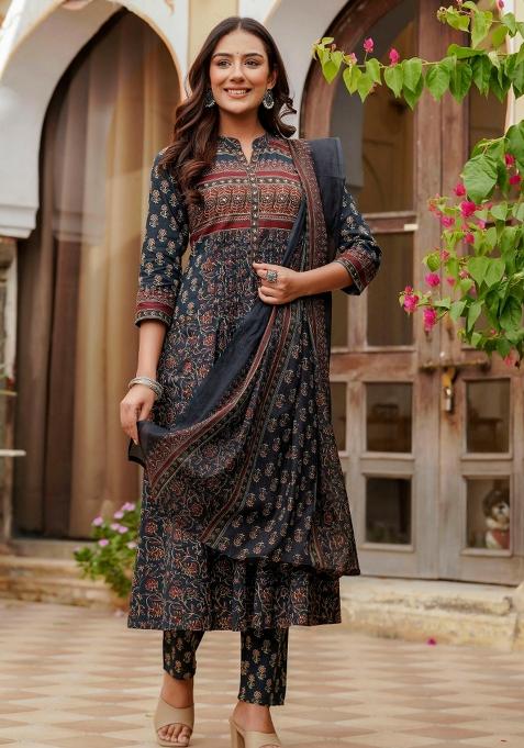 Navy Blue Embroidery Cotton Kurta Set