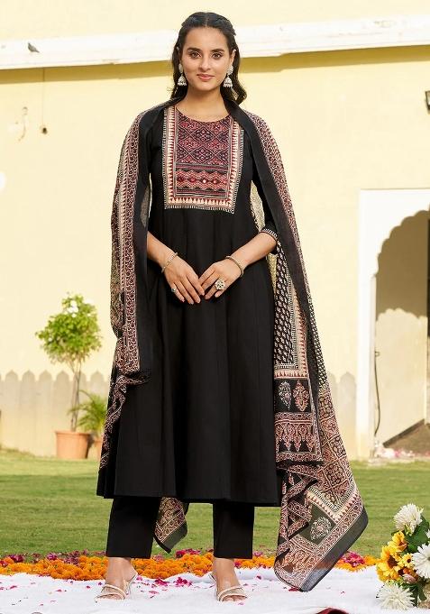 Black Embroidery Cotton Kurta Set