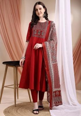 Maroon Embroidery Cotton Kurta Set