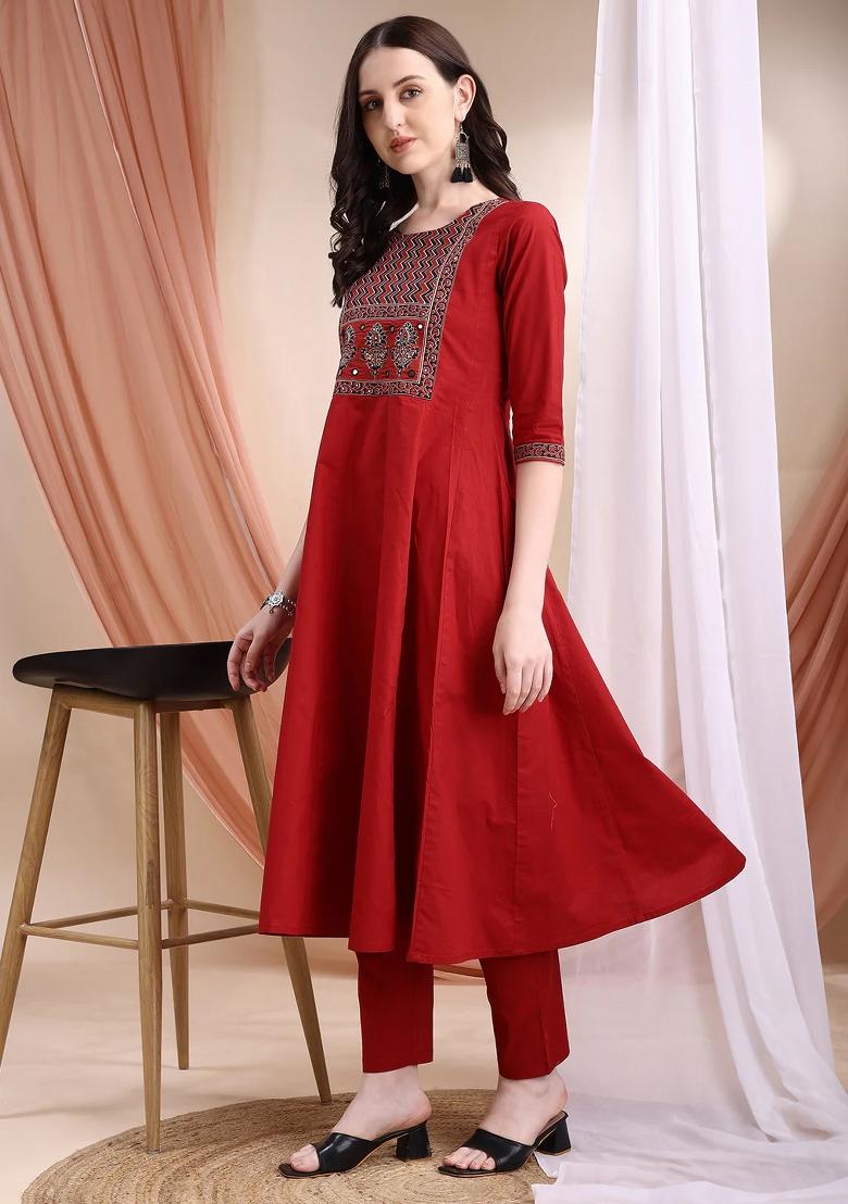 Maroon Embroidery Cotton Kurta Set - Indya