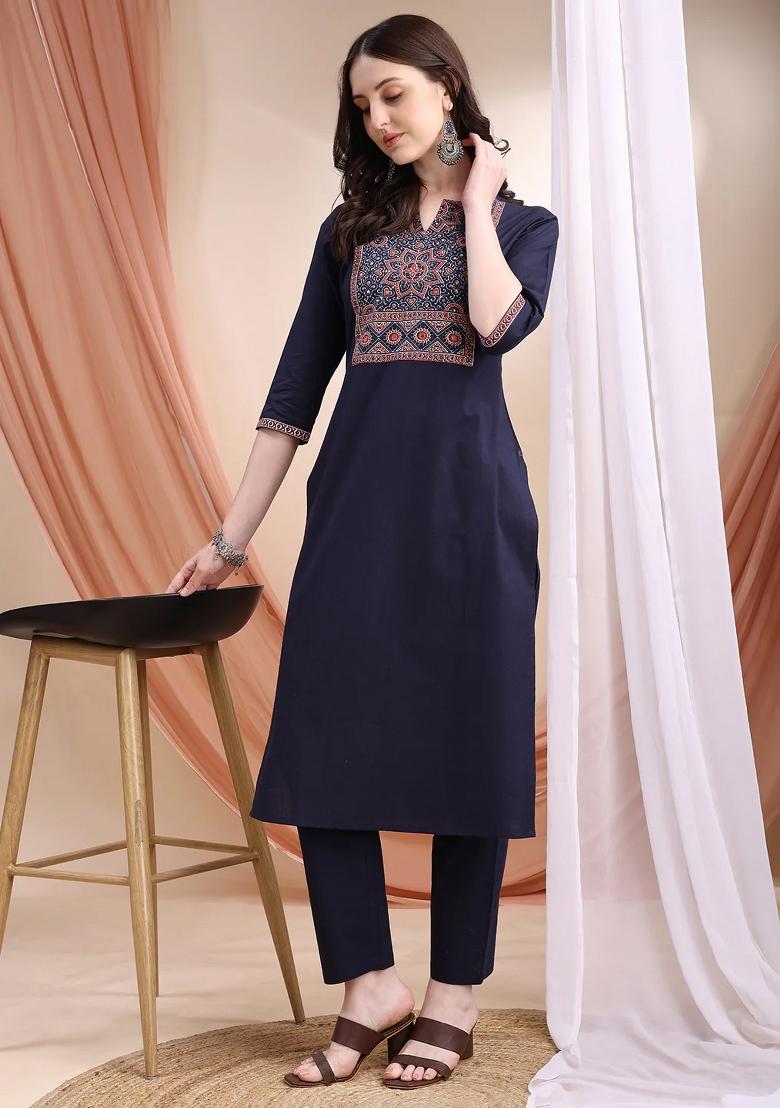 Navy Blue Embroidery Cotton Kurta Set - Indya