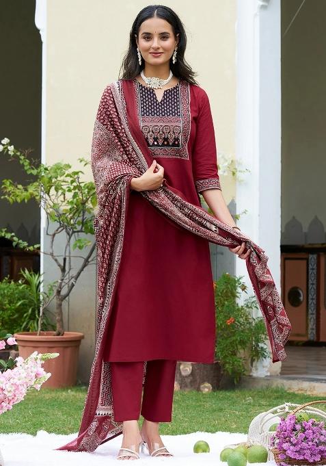 Maroon Embroidery Cotton Kurta Set
