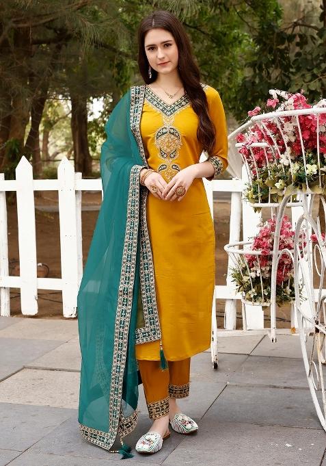 Multicolor Embroidery Rayon Kurta Set