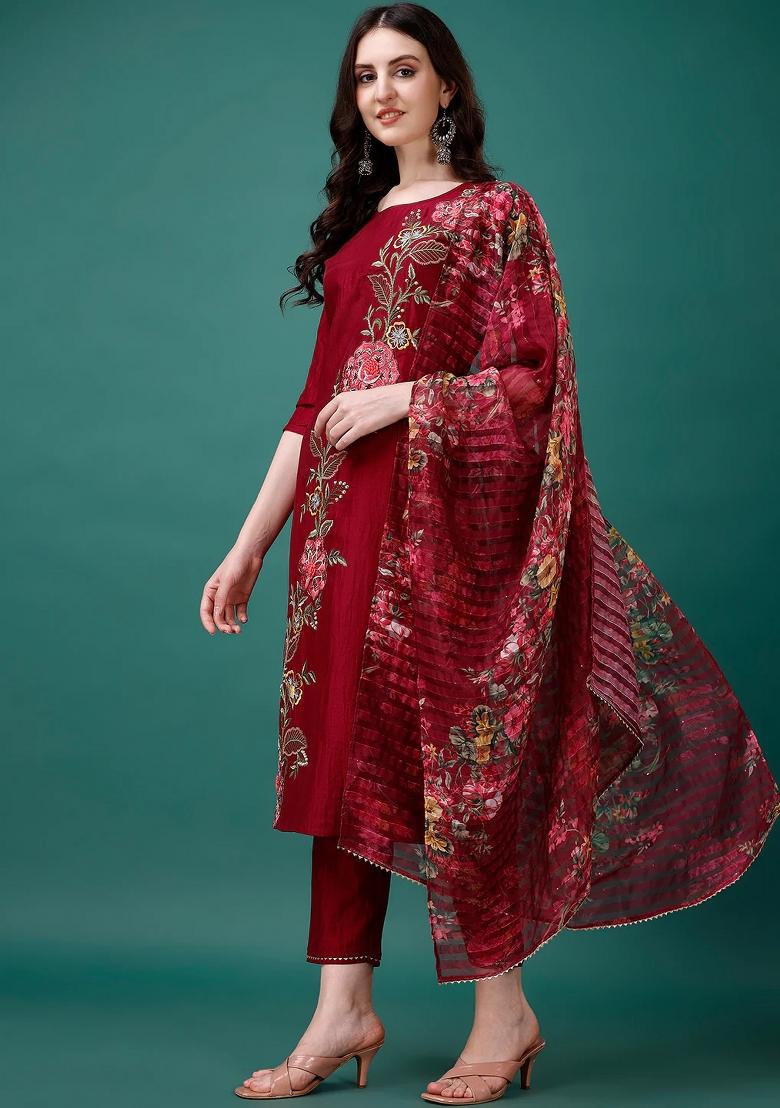 Multicolor Embroidery Rayon Kurta Set - Indya