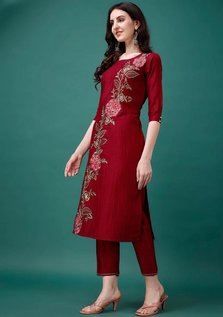 Multicolor Embroidery Rayon Kurta Set - Indya