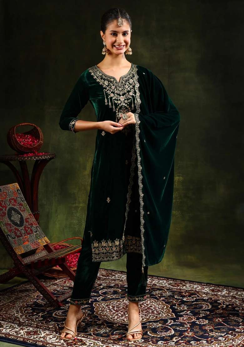 Green Embroidery Velvet Kurta Set - Indya