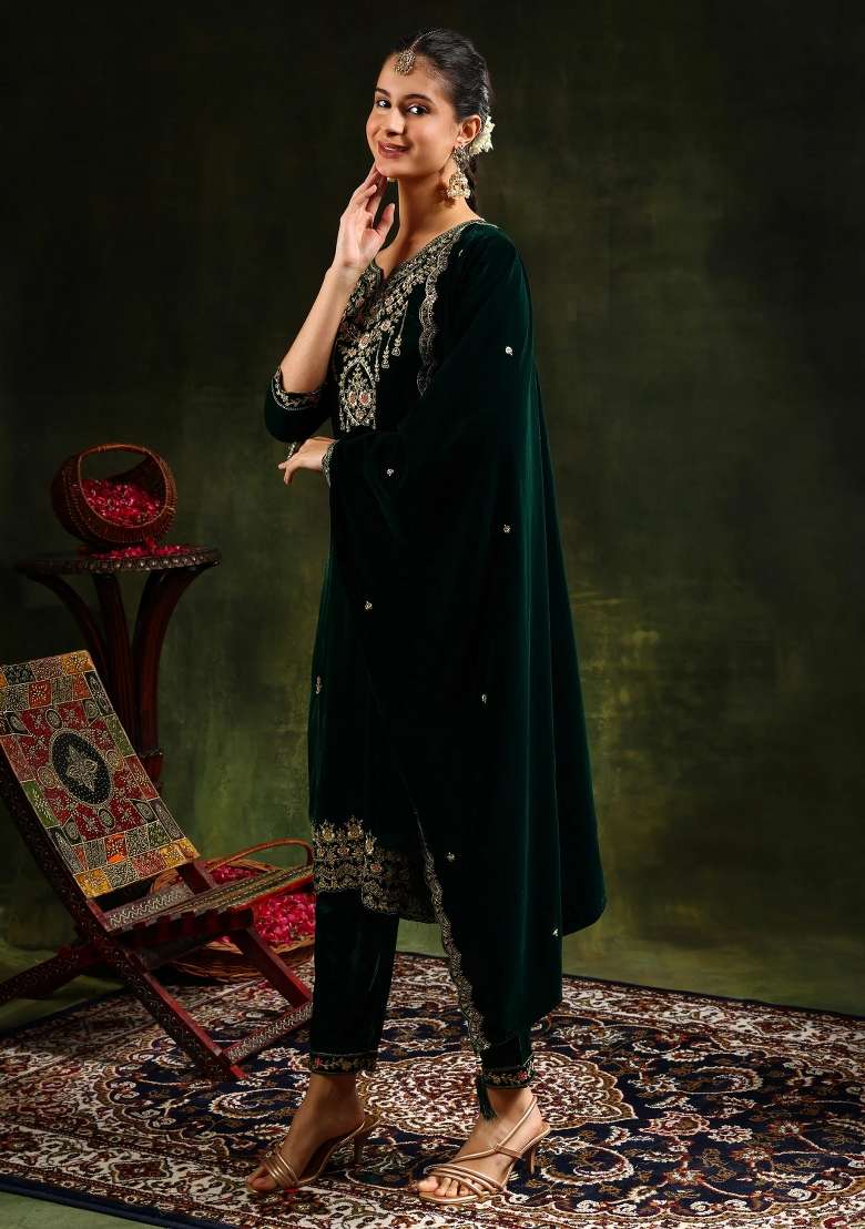 Green Embroidery Velvet Kurta Set - Indya
