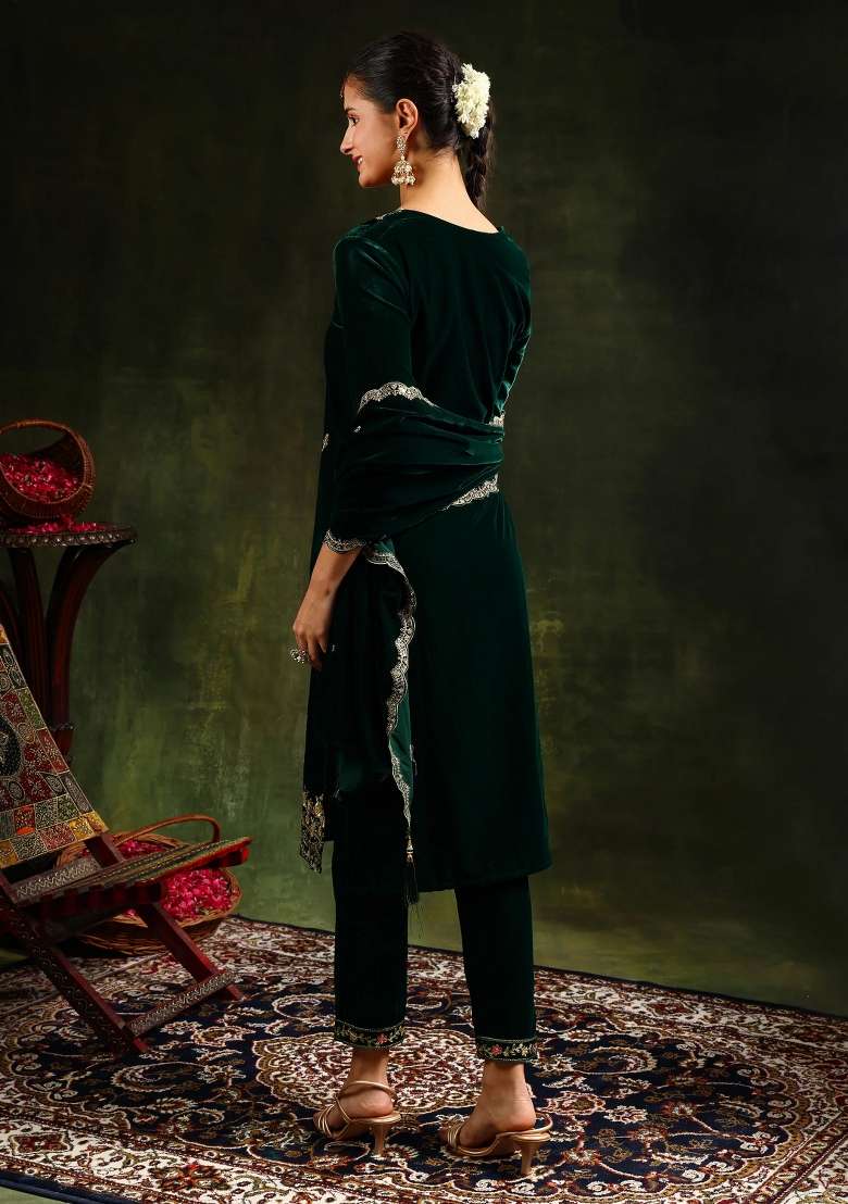 Green Embroidery Velvet Kurta Set - Indya