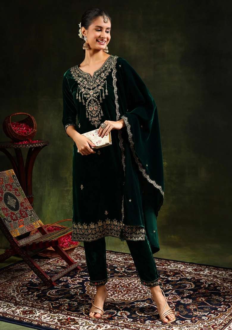 Green Embroidery Velvet Kurta Set - Indya