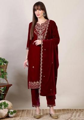 Maroon Embroidery Velvet Kurta Set
