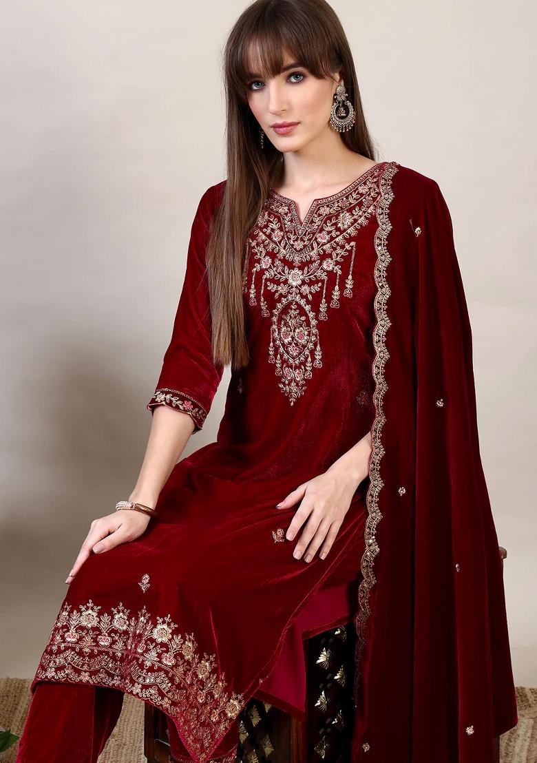 Maroon Embroidery Velvet Kurta Set - Indya