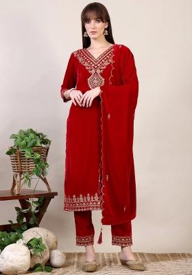 Pink Embroidery Velvet Kurta Set