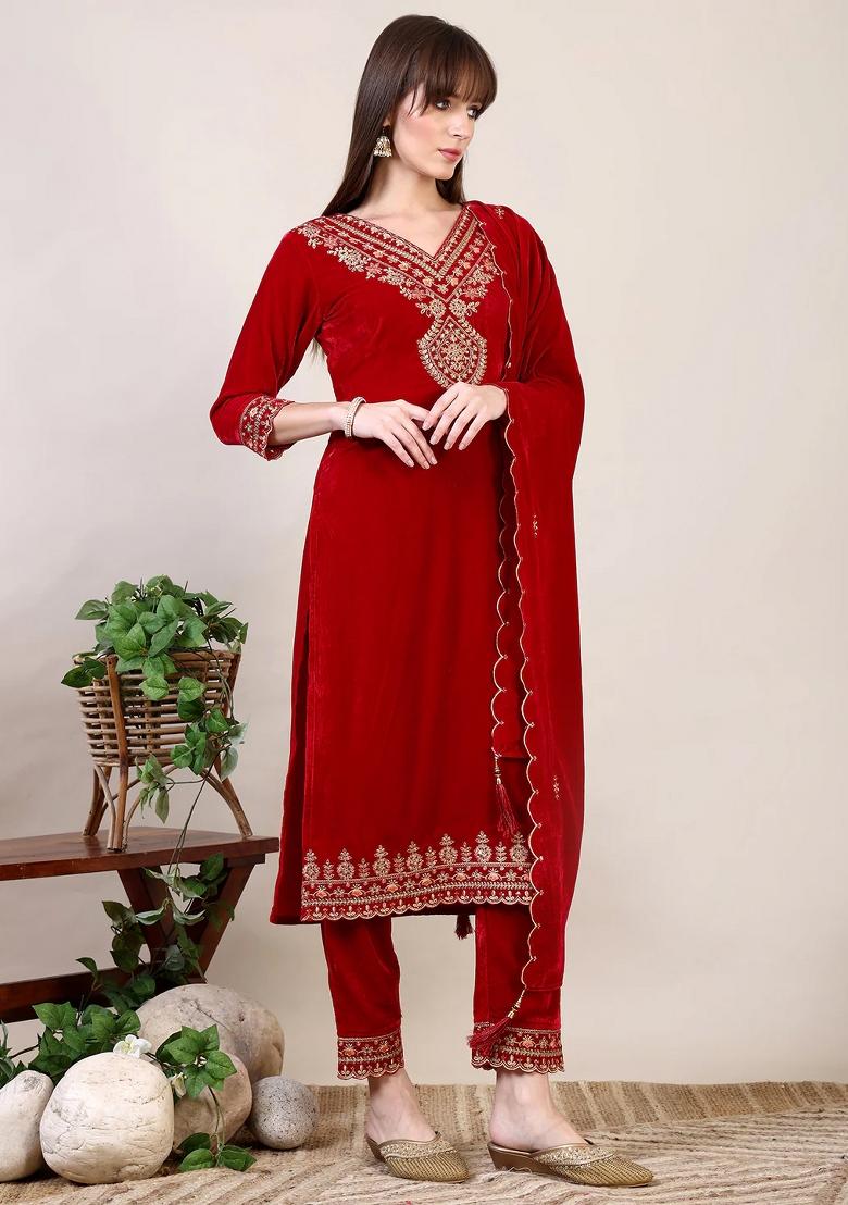 Pink Embroidery Velvet Kurta Set - Indya