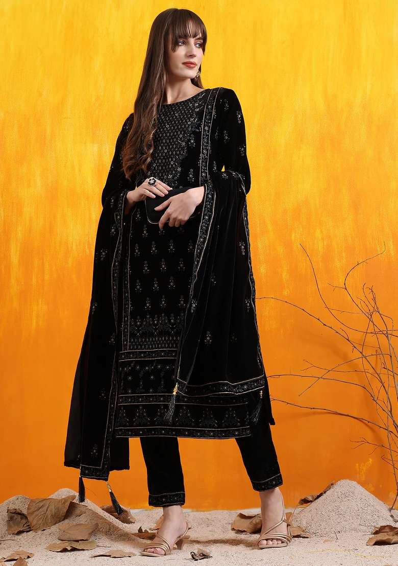 Black Embroidered Velvet Straight Kurta Set - Indya