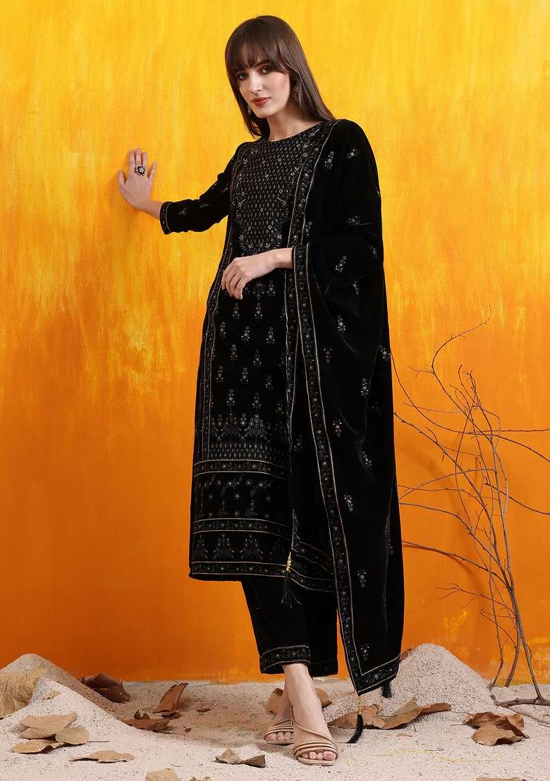 Black Embroidered Velvet Straight Kurta Set - Indya