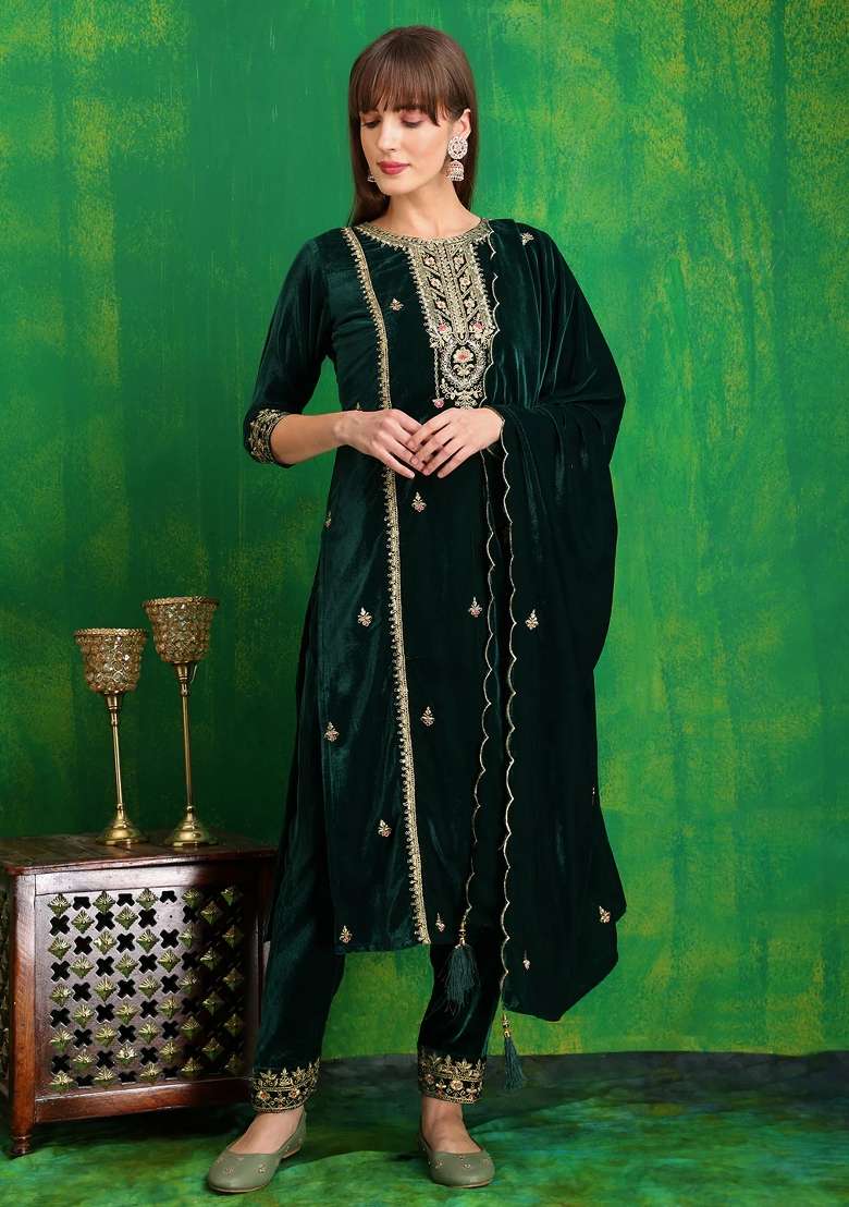 Bottle Green Embroidered Velvet Straight Kurta Set - Indya