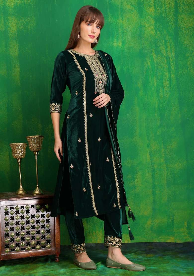Bottle Green Embroidered Velvet Straight Kurta Set - Indya