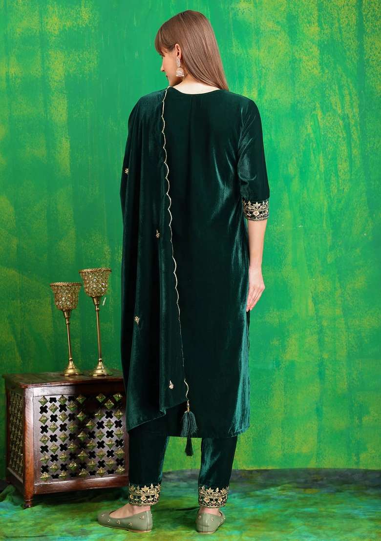 Bottle Green Embroidered Velvet Straight Kurta Set - Indya