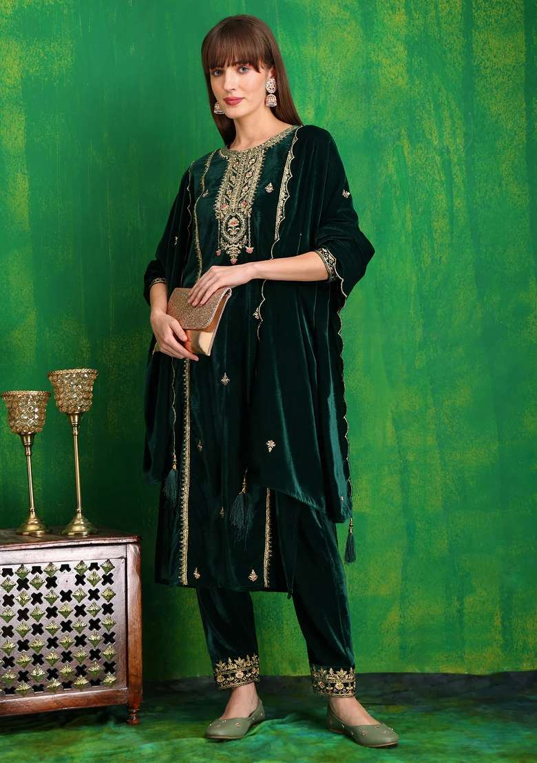 Bottle Green Embroidered Velvet Straight Kurta Set - Indya
