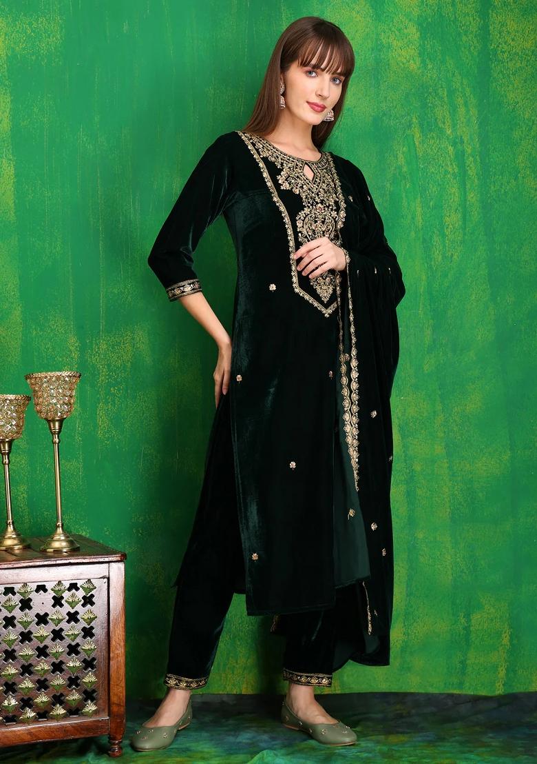Bottle Green Embroidery Velvet Kurta Set - Indya