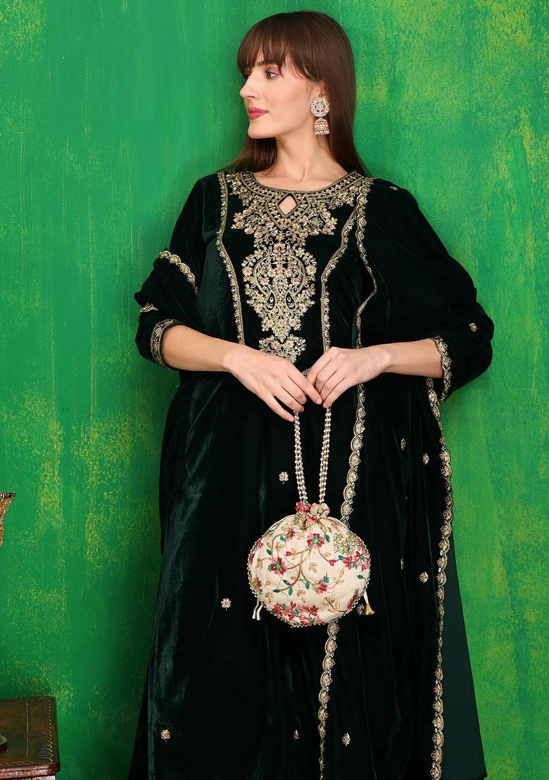 Bottle Green Embroidery Velvet Kurta Set - Indya