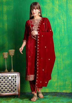 Maroon Embroidery Velvet Kurta Set