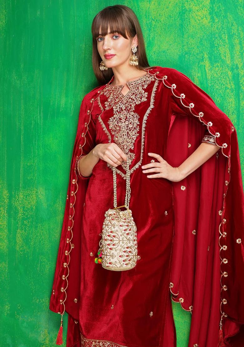 Maroon Embroidery Velvet Kurta Set - Indya