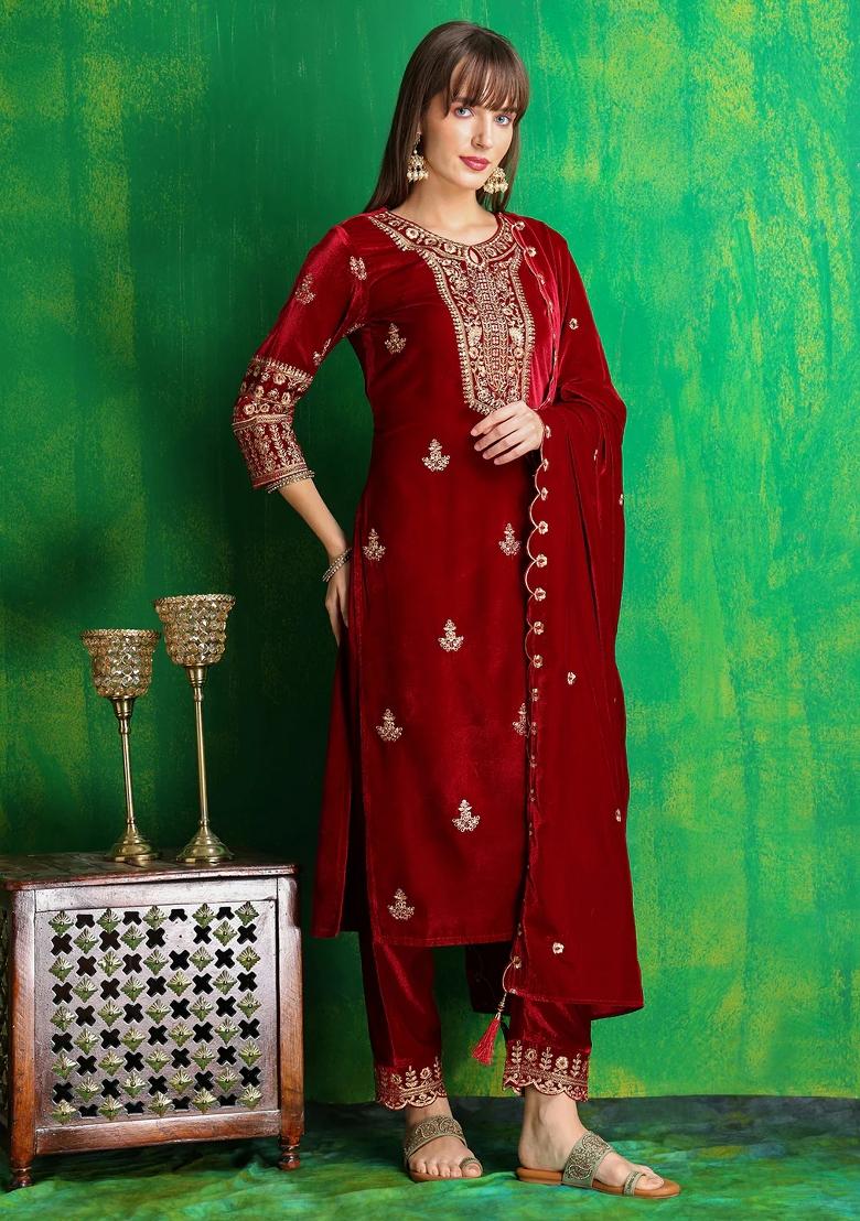 Maroon Embroidery Velvet Kurta Set - Indya