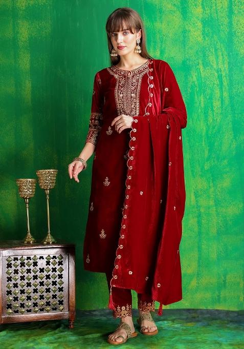 Maroon Embroidery Velvet Kurta Set