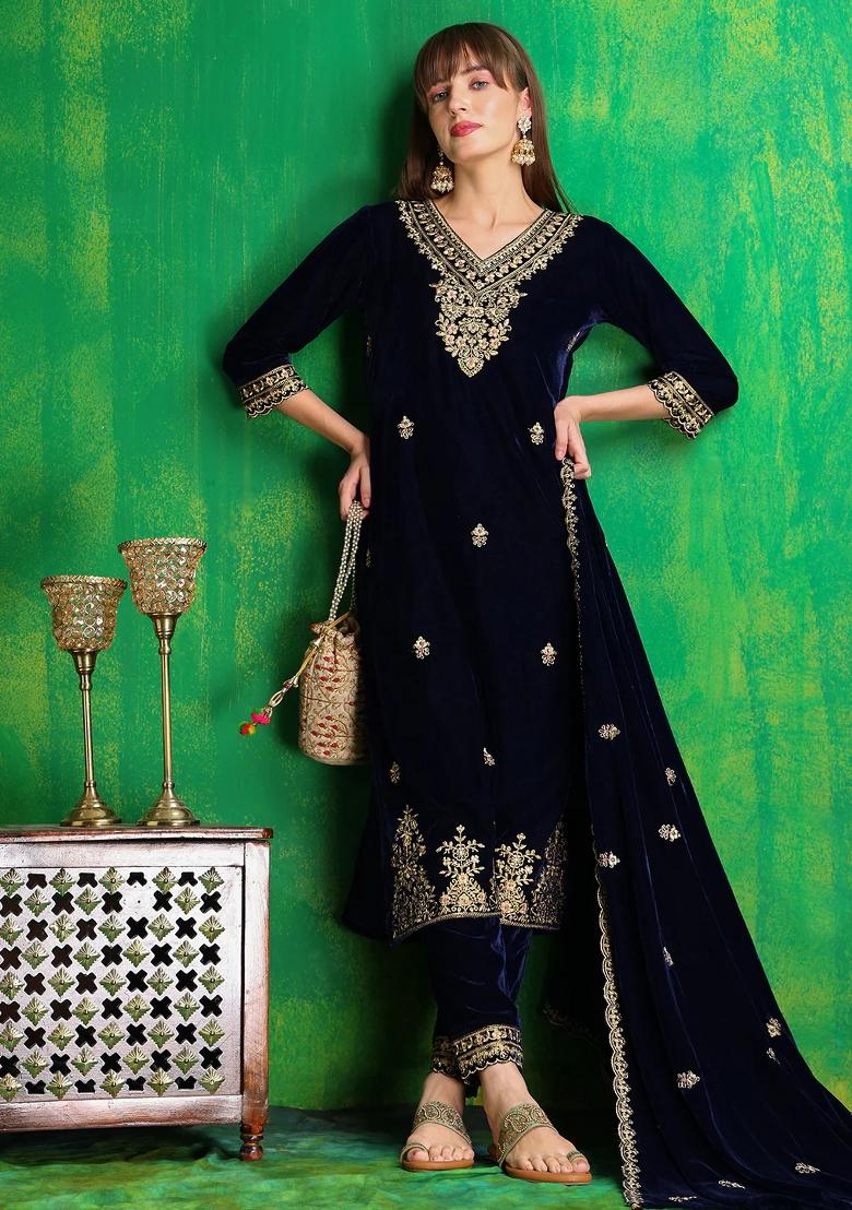 Navy Blue Embroidery Velvet Kurta Set - Indya