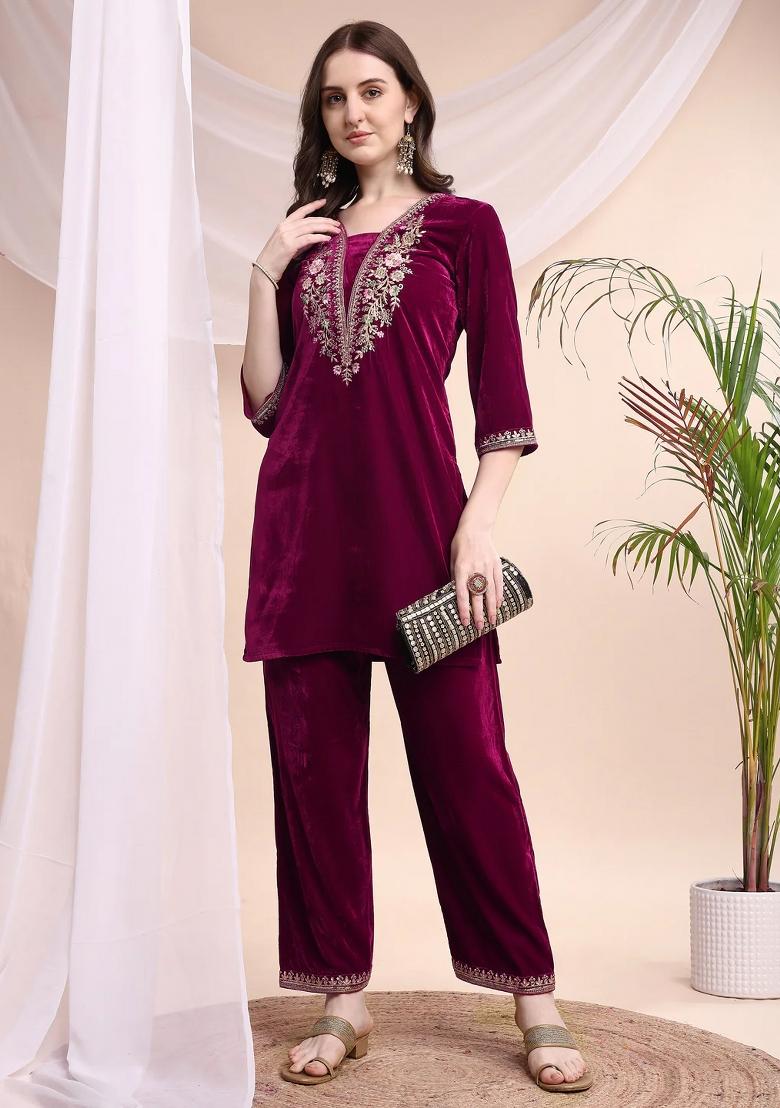 Pink Embroidery Velvet Kurta Set - Indya