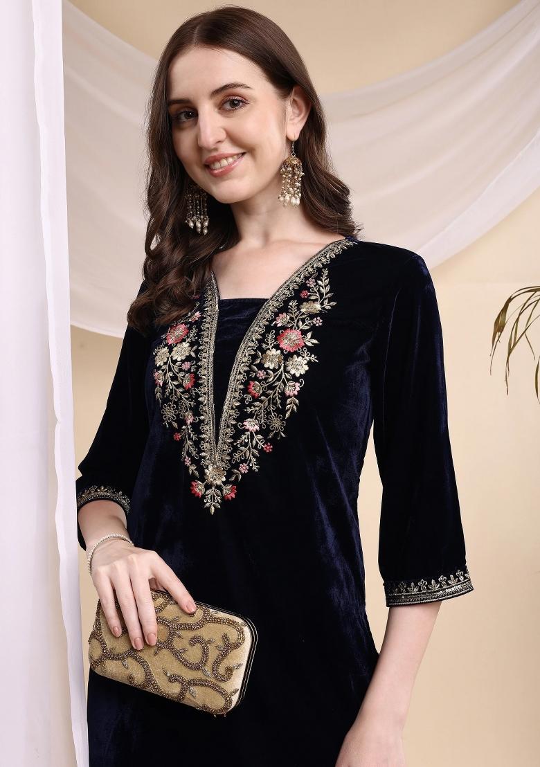 Navy Blue Embroidery Velvet Kurta Set - Indya