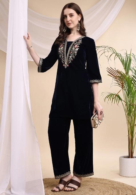 Navy Blue Embroidery Velvet Kurta Set