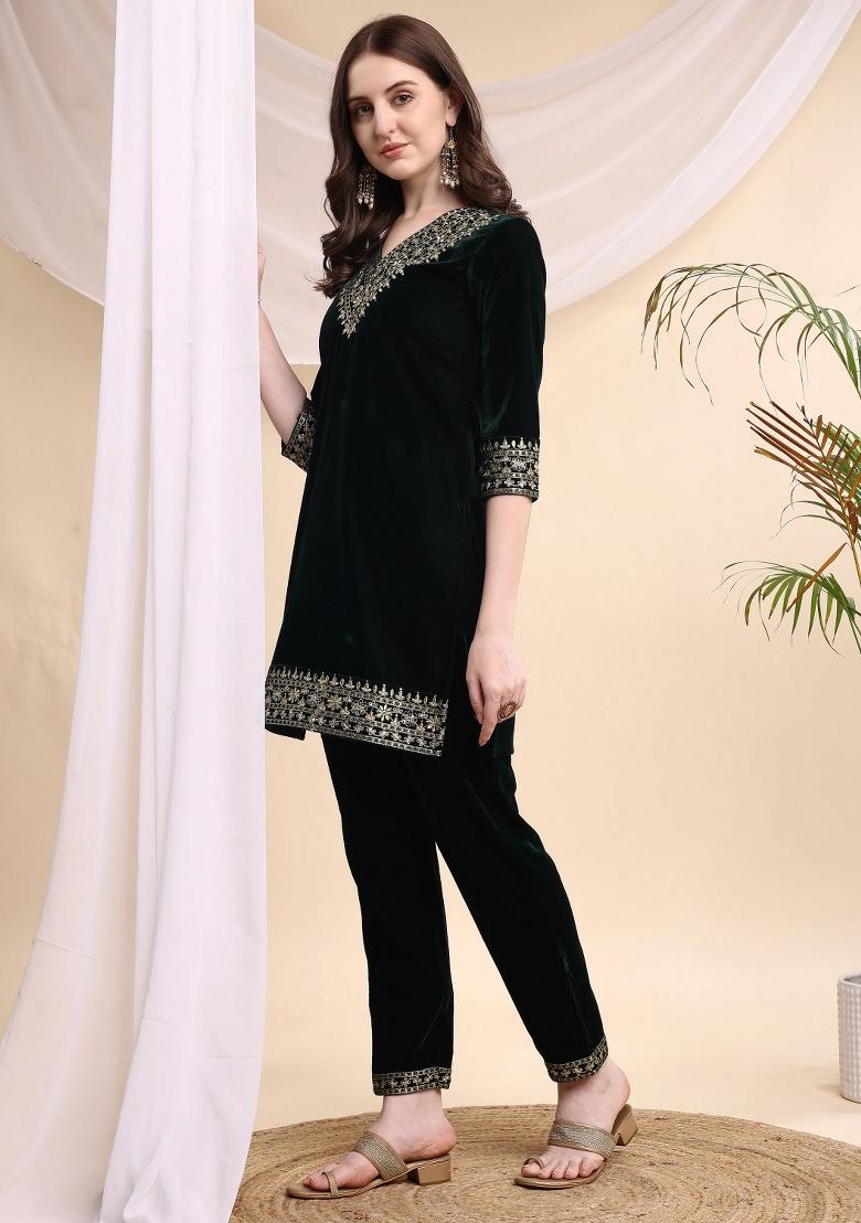 Bottle Green Embroidery Velvet Kurta Set - Indya