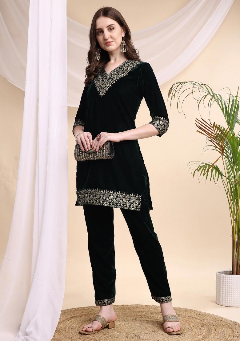 Bottle Green Embroidery Velvet Kurta Set - Indya